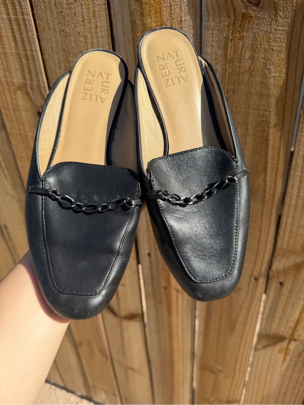 Naturalizer Black Leather Chain-Trim Slip-On Mules